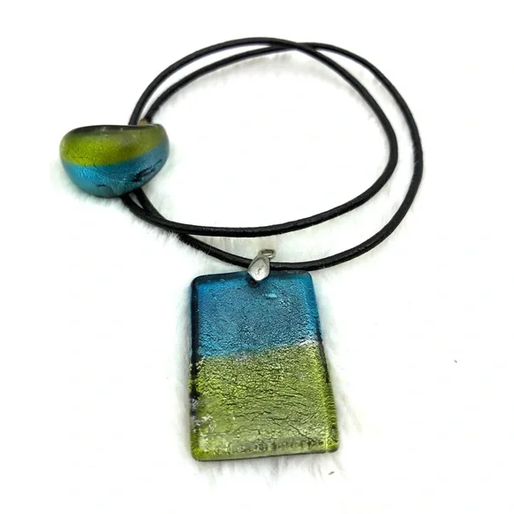 Murano Blue and Green Glass Necklace and Ring Size 7-7.5 - Picture 2 of 3